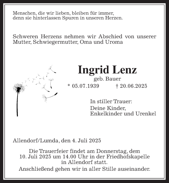 Traueranzeige von Ingrid Lenz von Allendorfer Mitteilungen