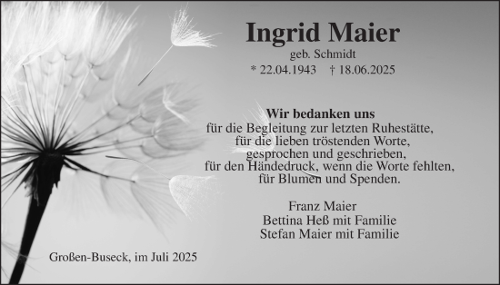 Traueranzeige von Ingrid Maier von Giessener Allgemeine, Alsfelder Allgemeine