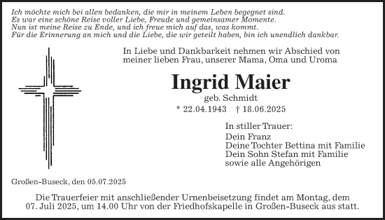 Traueranzeige von Ingrid Maier von Giessener Allgemeine, Alsfelder Allgemeine, Giessener Anzeiger