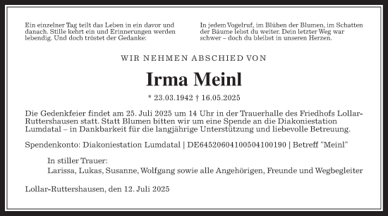 Traueranzeige von Irma Meinl von Giessener Anzeiger