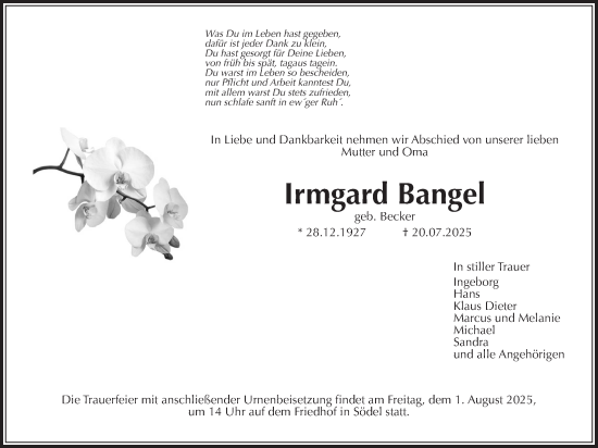 Traueranzeige von Irmgard Bangel von Wetterauer Zeitung
