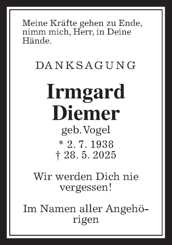 Traueranzeige von Irmgard Diemer von Oberhessische Zeitung