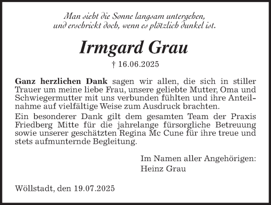 Traueranzeige von Irmgard Grau von Wetterauer Zeitung