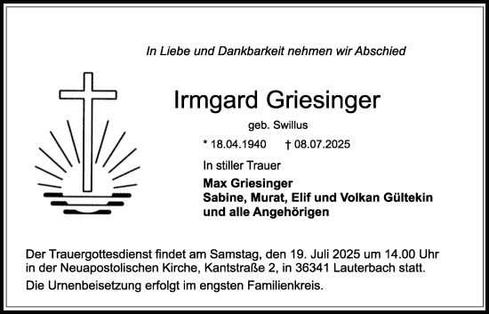 Traueranzeige von Irmgard Griesinger von Lauterbacher Anzeiger