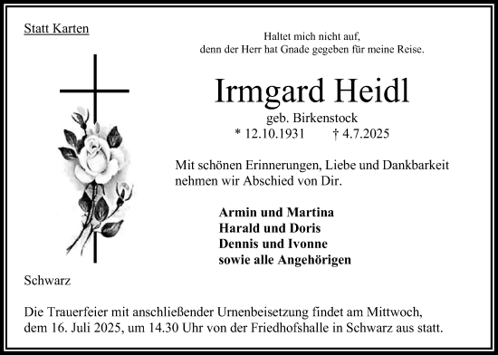 Traueranzeige von Irmgard Heidl von Oberhessische Zeitung
