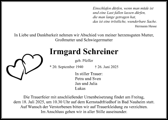 Traueranzeige von Irmgard Schreiner von Wetterauer Zeitung