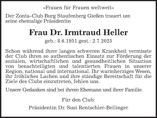 Traueranzeige von Irmtraud Heller von Giessener Allgemeine, Alsfelder Allgemeine, Giessener Anzeiger