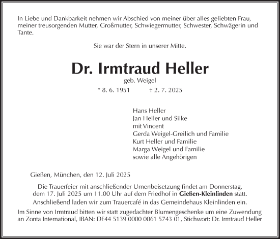 Traueranzeige von Irmtraud Heller von Giessener Allgemeine, Alsfelder Allgemeine, Giessener Anzeiger