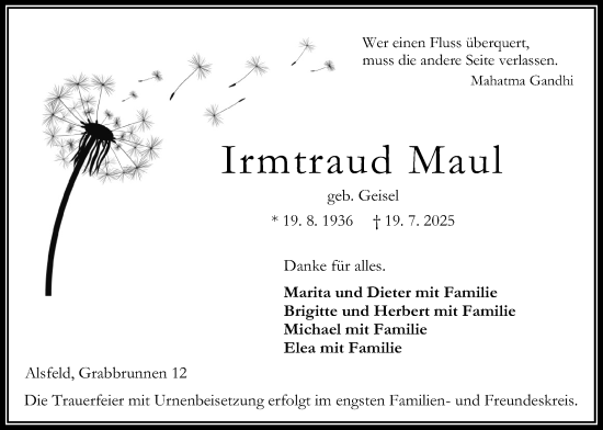 Traueranzeige von Irmtraud Maul von Oberhessische Zeitung