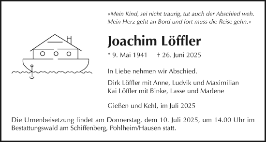 Traueranzeige von Joachim Löffler von Giessener Allgemeine, Alsfelder Allgemeine, Giessener Anzeiger