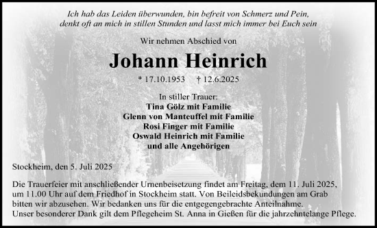Traueranzeige von Johann Heinrich von Kreis-Anzeiger
