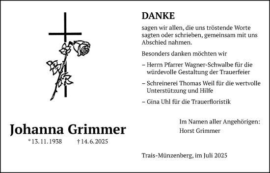 Traueranzeige von Johanna Grimmer von Butzbacher Zeitung