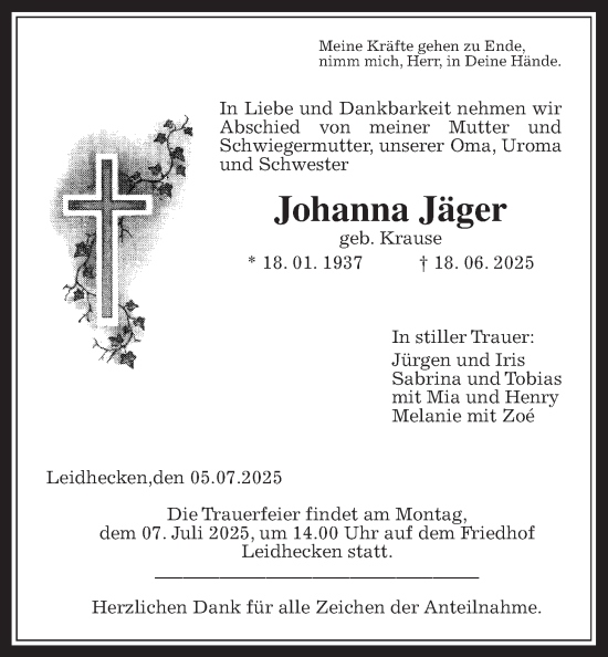Traueranzeige von Johanna Jäger von Wetterauer Zeitung