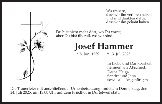 Traueranzeige von Josef Hammer von Bad Vilbel/Karben