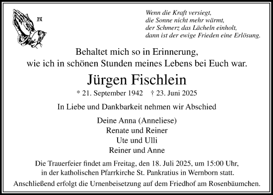 Traueranzeige von Jürgen Fischlein von Usinger Anzeigenblatt