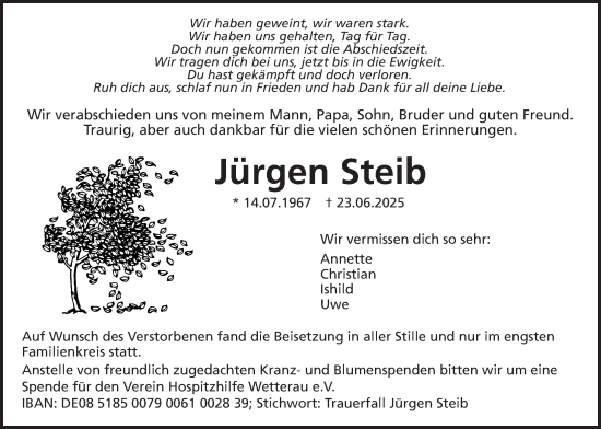Traueranzeige von Jürgen Steib von Wetterauer Zeitung