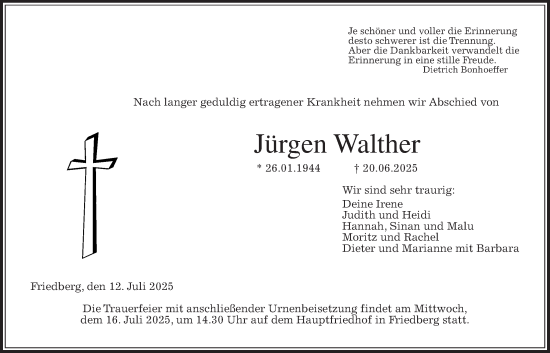 Traueranzeige von Jürgen Walther von Wetterauer Zeitung