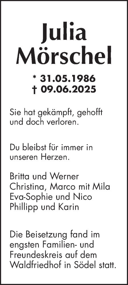 Traueranzeige von Julia Mörschel von Wetterauer Zeitung