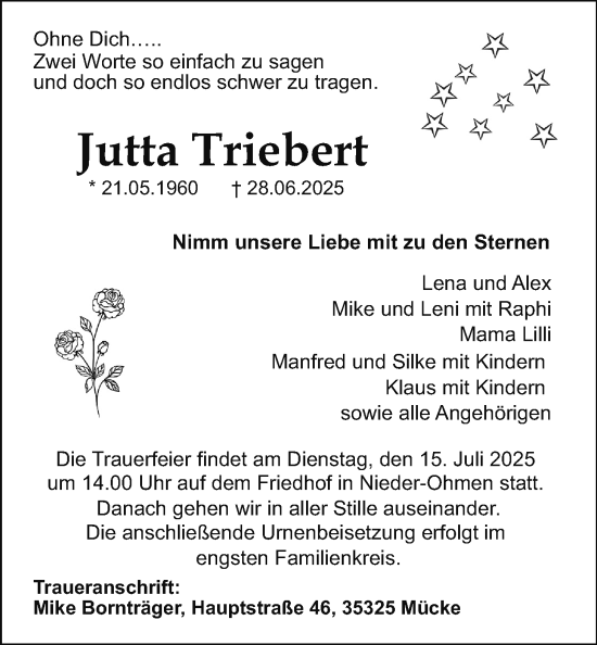 Traueranzeige von Jutta Triebert von Giessener Allgemeine, Alsfelder Allgemeine
