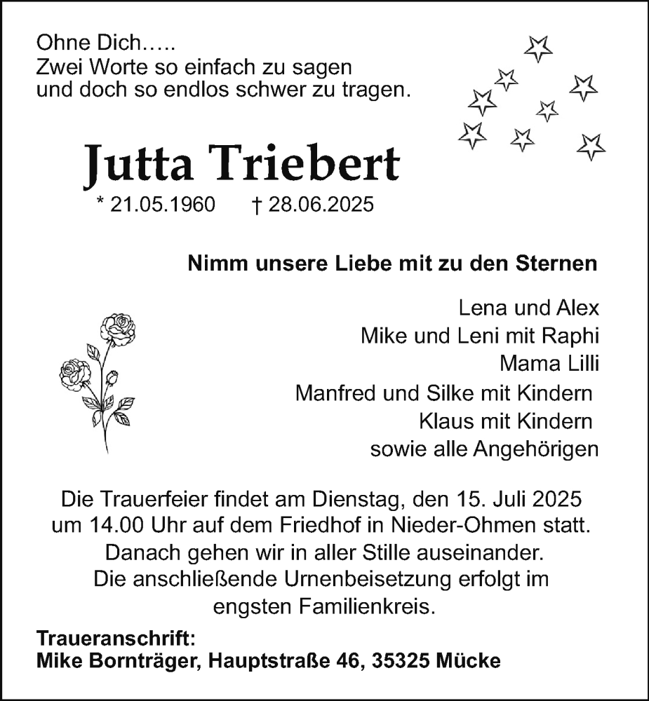  Traueranzeige für Jutta Triebert vom 12.07.2025 aus Giessener Allgemeine, Alsfelder Allgemeine