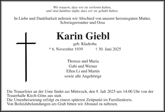 Traueranzeige von Karin Giebl von Butzbacher Zeitung