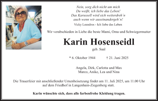 Traueranzeige von Karin Hosenseidl von Wetterauer Zeitung