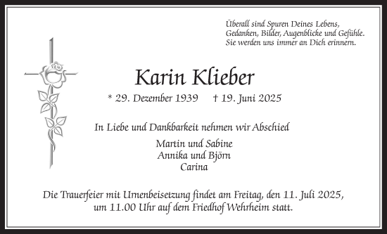 Traueranzeige von Karin Klieber von Usinger Anzeiger, Usinger Anzeigenblatt