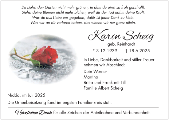 Traueranzeige von Karin Scheig von Kreis-Anzeiger