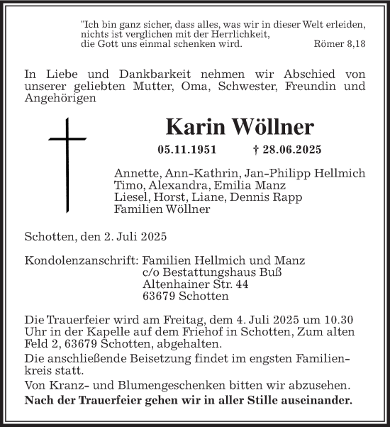 Traueranzeige von Karin Wöllner von Kreis-Anzeiger