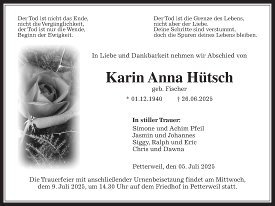 Traueranzeige von Karin Anna Hütsch von Wetterauer Zeitung