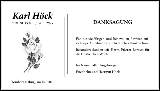 Traueranzeige von Karl Höck von Oberhessische Zeitung, Alsfelder Allgemeine