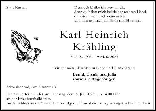 Traueranzeige von Karl Krähling von Oberhessische Zeitung