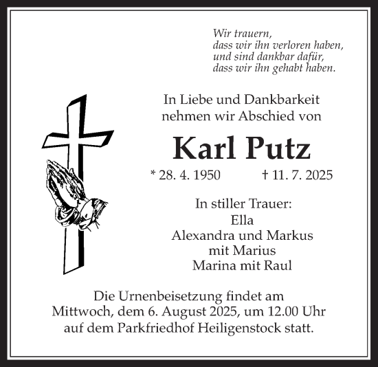 Traueranzeige von Karl Putz von Bad Vilbel/Karben