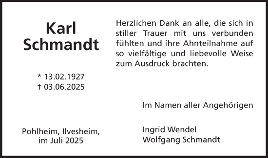Traueranzeige von Karl Schmandt von Giessener Anzeiger, Giessener Allgemeine, Alsfelder Allgemeine
