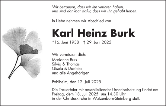 Traueranzeige von Karl Heinz Burk von Giessener Allgemeine, Alsfelder Allgemeine, Giessener Anzeiger