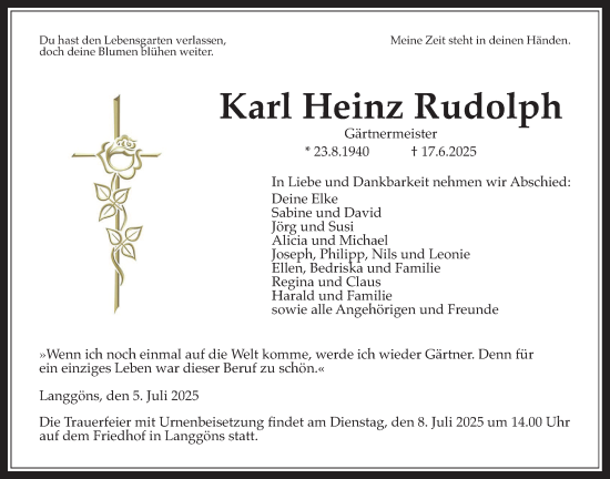 Traueranzeige von Karl Heinz Rudolph von Giessener Allgemeine, Alsfelder Allgemeine