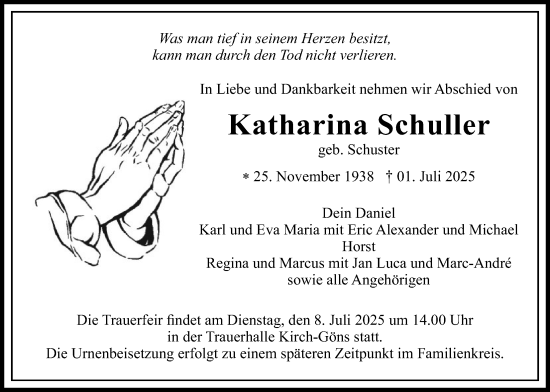 Traueranzeige von Katharina Schuller von Butzbacher Zeitung