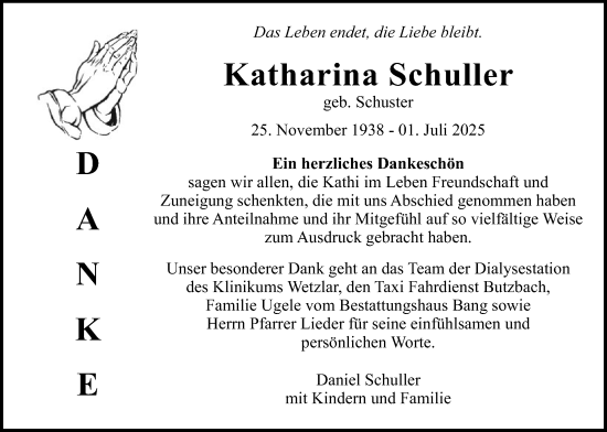 Traueranzeige von Katharina Schuller von Butzbacher Zeitung