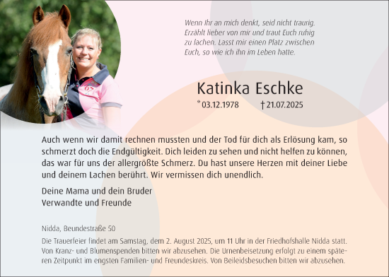 Traueranzeige von Katinka Eschke von Giessener Allgemeine, Alsfelder Allgemeine, Wetterauer Zeitung, Kreis-Anzeiger