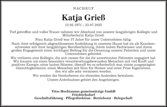 Traueranzeige von Katja Grieß von Wetterauer Zeitung