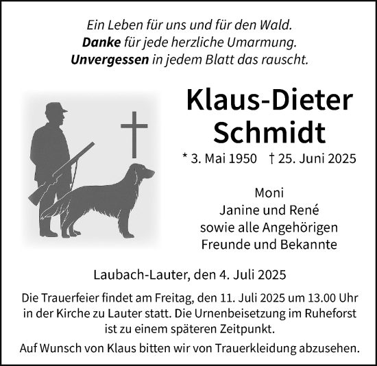 Traueranzeige von Klaus-Dieter Schmidt von Licher Wochenblatt, Giessener Allgemeine, Alsfelder Allgemeine