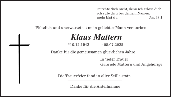 Traueranzeige von Klaus Mattern von Giessener Allgemeine, Alsfelder Allgemeine