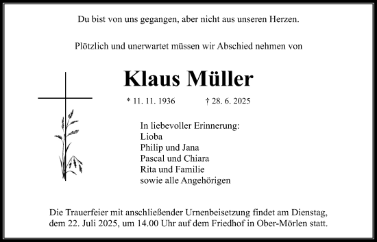 Traueranzeige von Klaus Müller von Wetterauer Zeitung