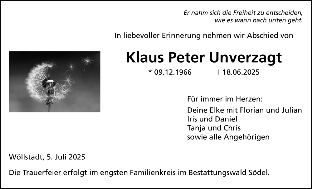  Traueranzeige für Klaus Peter Unverzagt vom 05.07.2025 aus Wetterauer Zeitung