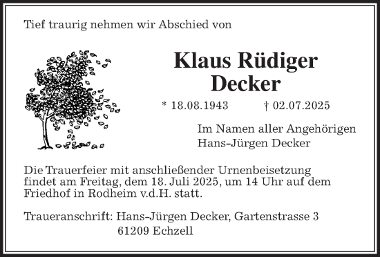 Traueranzeige von Klaus Rüdiger Decker von Wetterauer Zeitung