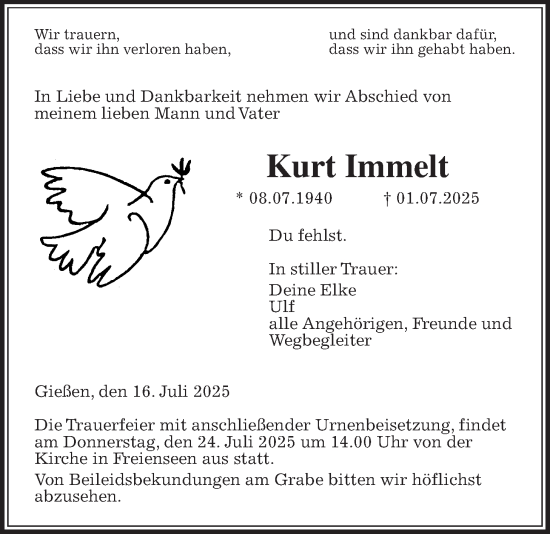 Traueranzeige von Kurt Immelt von Laubacher Anzeiger, Giessener Anzeiger, Giessener Allgemeine, Alsfelder Allgemeine