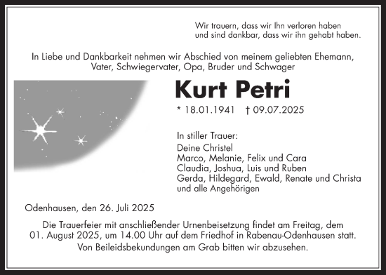 Traueranzeige von Kurt Petri von Giessener Anzeiger