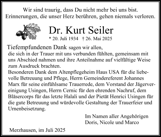 Traueranzeige von Kurt Seiler von Usinger Anzeiger