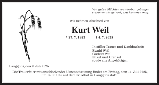 Traueranzeige von Kurt Weil von Giessener Anzeiger