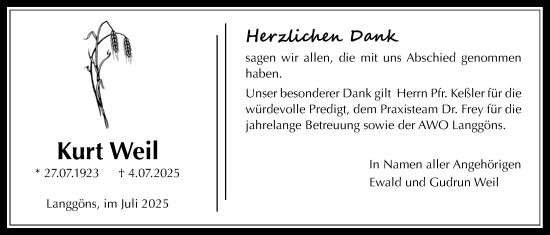 Traueranzeige von Kurt Weil von Giessener Anzeiger
